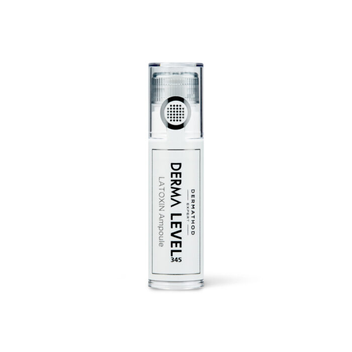 Produktabbildung der Derma Level 345 LATOXIN Ampoule von Dermathod – schlanke Airless-Flasche mit weißem Label, hochwirksames Serum gegen mimische Falten.