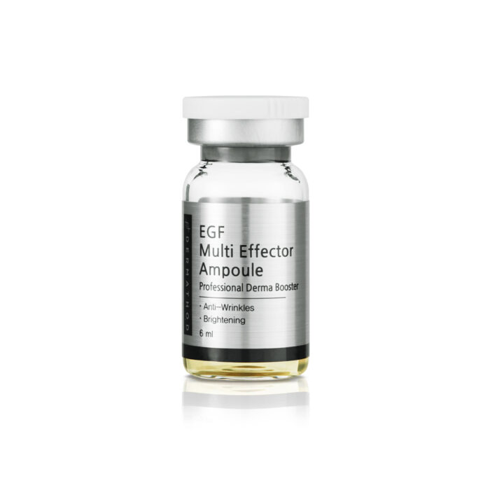 Produktabbildung der EGF Multi Effector Ampoule von Dermathod – klares Glasfläschchen mit silbernem Etikett, professioneller Wirkstoff-Booster gegen Falten und Pigmentflecken.