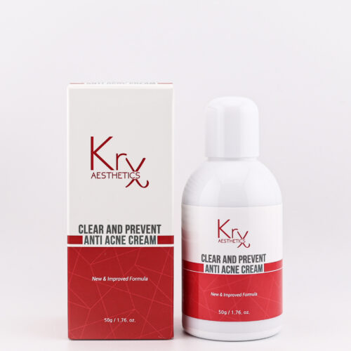 KrX Aesthetics Clear and Prevent Anti Acne Cream – Produkt mit Verpackung, 50g Tube zur Pflege unreiner Haut